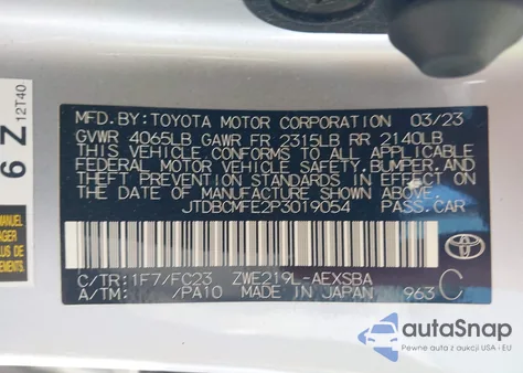 2023 Toyota Corolla Hybrid Se из США, поврежденный, VIN JTDBCMFE2P3019054